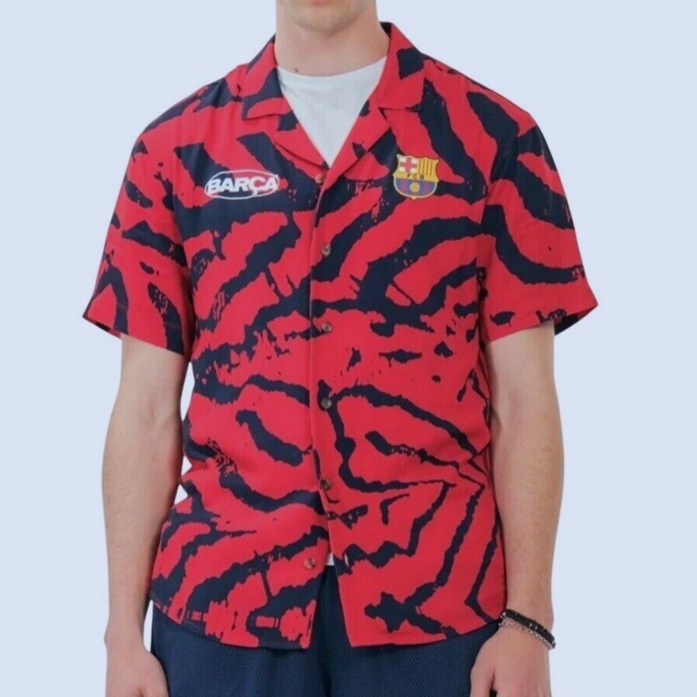 FC Barcelona Barca Tiger Stripe Button Up Shirt Men's XXL Red Navy Blue